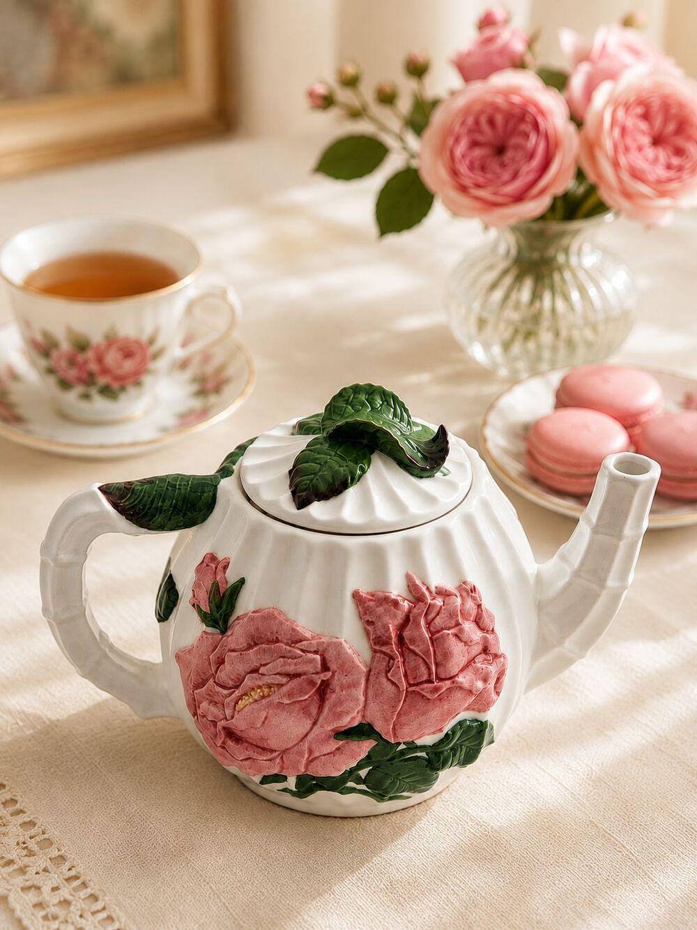 Vintage Embossed Pink Rose Ceramic Teapot Leaf Lid Floral Collectible 4 Cups